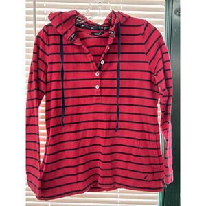 Nautica Pullover Hoodie Sweatshirt Red Blue Stripes‎ Size M